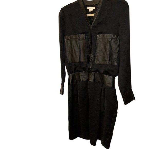 Helmut Lang black Lamb leather trim deep V Shift Dress 4 - Picture 1 of 5